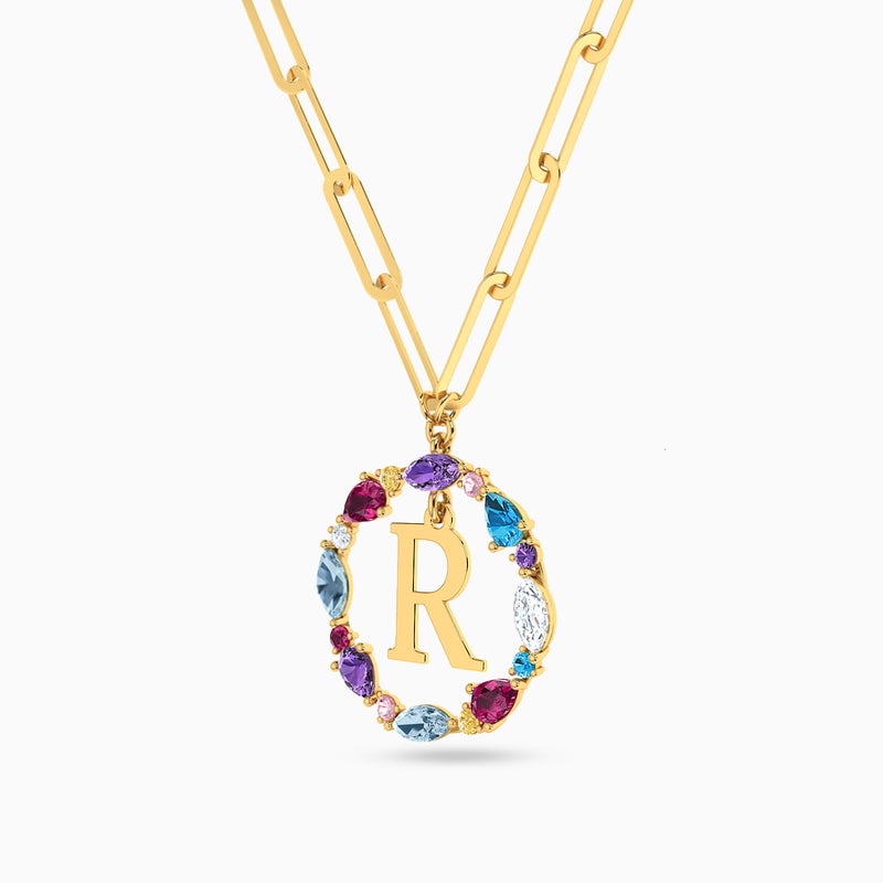 Instyle by L'azurde Letter R Colored Stones Necklace in 18K Gold - Image 2